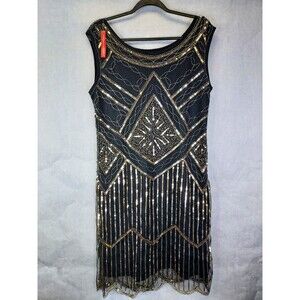 Beaded Sequin Flapper Dress XXL 20’s Great Gatsby Art Deco Retro Black Gold NEW